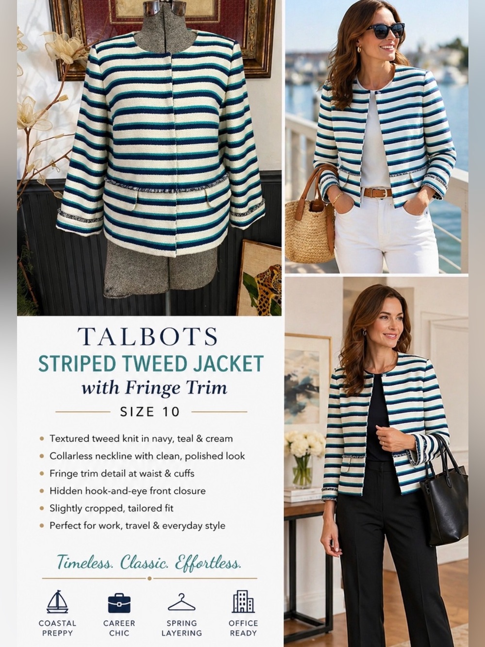 Talbots Striped Tweed Fringe Trim Blazer Coastal
Career LadyJacket Sz 10💛🍄